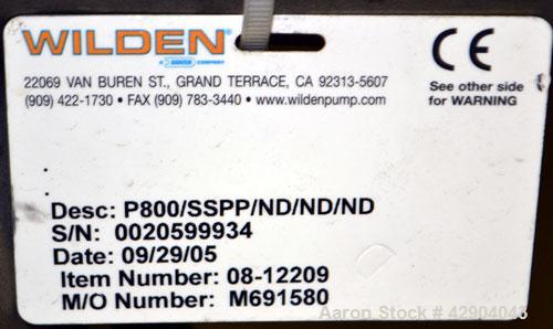 Used Wilden P800 Pro-Flo Air Operated Double Diaphragm Pump, Model P800/SSPP/ND/ND/ND, 316 Stainless Steel. Rated approximate 156 gallons per minute, 1/4" maximum solids handling. 2" Inlet/outlet. Mo...