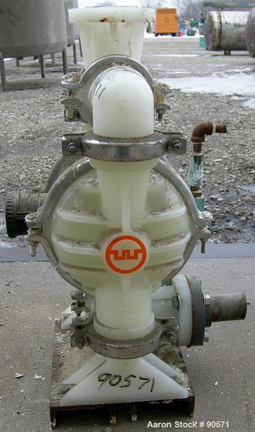 USED: Wilden air operated double diaphragm pump, model T4/PPPB/TF/TF/PTV, plastic. Rated 50 gallons per minute at 80 psi. 3/16" max solidshandling. 1-1/2" NPT inlet/outlet. Built 2003.