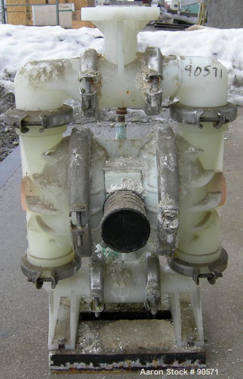 USED: Wilden air operated double diaphragm pump, model T4/PPPB/TF/TF/PTV, plastic. Rated 50 gallons per minute at 80 psi. 3/16" max solidshandling. 1-1/2" NPT inlet/outlet. Built 2003.