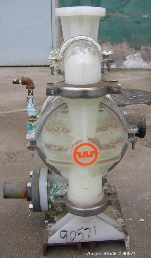 USED: Wilden air operated double diaphragm pump, model T4/PPPB/TF/TF/PTV, plastic. Rated 50 gallons per minute at 80 psi. 3/16" max solidshandling. 1-1/2" NPT inlet/outlet. Built 2003.