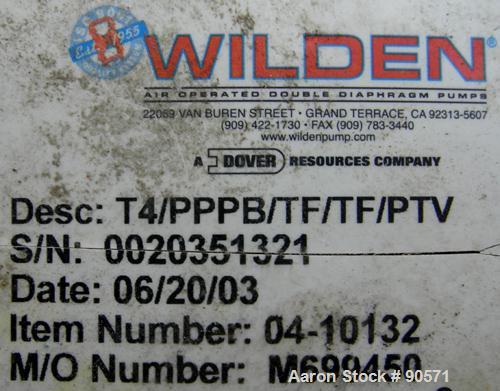 USED: Wilden air operated double diaphragm pump, model T4/PPPB/TF/TF/PTV, plastic. Rated 50 gallons per minute at 80 psi. 3/16" max solidshandling. 1-1/2" NPT inlet/outlet. Built 2003.