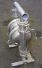 Used Murzan Sanitary Diaphragm Pump, Model PI 50 DL, 304 Stainless Steel. Approximate 100 gallons per minute at 40 psig requires 75 psi and 82 scfm. 6” Maximum partial size. 2” Tri-clamp inlet/outlet...