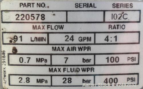 Used Graco Air Operated Bulldog High-Flo Circulation Pump, Part #220578, Series I02C, 304 Stainless Steel. Rated 24 gallons per minute (91 liters), ratio 4 to 1. Maximum air working pressure 100 psi,...