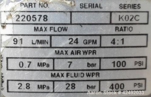 Used Graco Air Operated Bulldog High-Flo Circulation Pump, Part #220578, Series K02C, 304 Stainless Steel. Rated 24 gallons per minute (91 liters), ratio 4 to 1. Maximum air working pressure 100 psi,...