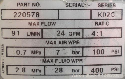 Used Graco Air Operated Bulldog High-Flo Circulation Pump, Part #220578, Series K02C, 304 Stainless Steel. Rated 24 gallons per minute (91 liters), ratio 4 to 1. Maximum air working pressure 100 psi,...