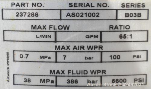 Used Graco Air Operated King Dura-Flo Circulation Pump, Part #237286, Series B03B, 304 Stainless Steel. Rated 3.4 gallons per minute at 60 cycles per minute, ratio 65 to 1. Maximum air working pressu...