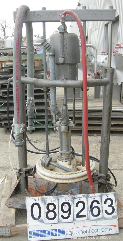 USED: Graco air operated drum unloading pump, model 951-264, series 207-172. Approximately 10 gallons per minute at 60 psi, 10:1 ratio. Approximate 23" diameter carbon steel plunger. Base mounted.
