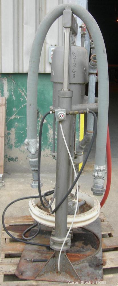 USED: Graco air operated drum unloading pump, model 951-264, series 207-172. Approximately 10 gallons per minute at 60 psi, 10:1 ratio. Approximate 23" diameter carbon steel plunger. Base mounted.