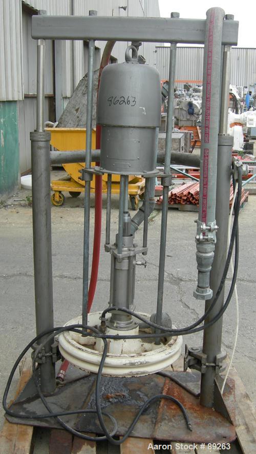 USED: Graco air operated drum unloading pump, model 951-264, series 207-172. Approximately 10 gallons per minute at 60 psi, 10:1 ratio. Approximate 23" diameter carbon steel plunger. Base mounted.