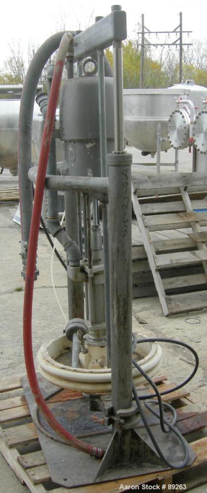 USED: Graco air operated drum unloading pump, model 951-264, series 207-172. Approximately 10 gallons per minute at 60 psi, 10:1 ratio. Approximate 23" diameter carbon steel plunger. Base mounted.
