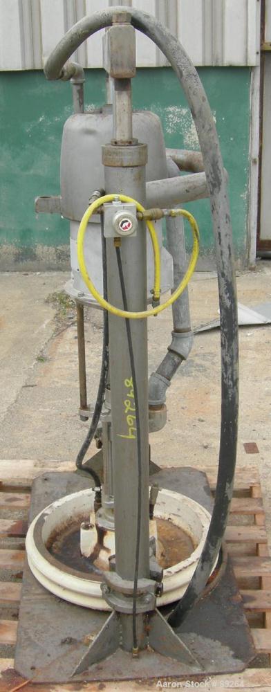 USED: Graco air operated drum unloading pump, model 952-164, series 207-172. Approximately 10 gallons per minute at 60 psi, 10:1 ratio. Approximate 23" diameter carbon steel plunger. Base mounted.