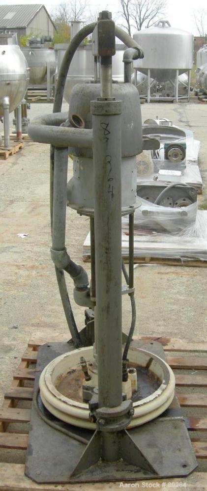 USED: Graco air operated drum unloading pump, model 952-164, series 207-172. Approximately 10 gallons per minute at 60 psi, 10:1 ratio. Approximate 23" diameter carbon steel plunger. Base mounted.