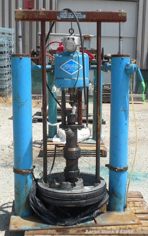 Used Johnstone Air Operated 55 Gallon Drum Unloading Pump, Model 98KLXGC3AX. 8" Air motor, ratio 42:1, 20 psi to 100 psi operating range, 12 cubic inch volume per cycle. Base mounted.