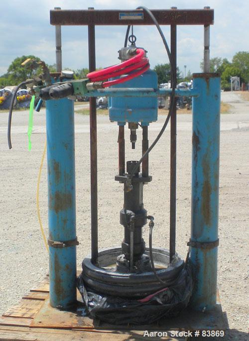 Used Johnstone Air Operated 55 Gallon Drum Unloading Pump, Model 98KLXGC3AX. 8" Air motor, ratio 42:1, 20 psi to 100 psi operating range, 12 cubic inch volume per cycle. Base mounted.