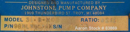 Used Johnstone Air Operated 55 Gallon Drum Unloading Pump, Model 98KLXGC3AX. 8" Air motor, ratio 42:1, 20 psi to 100 psi operating range, 12 cubic inch volume per cycle. Base mounted.