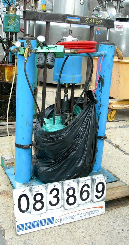 Used Johnstone Air Operated 55 Gallon Drum Unloading Pump, Model 98KLXGC3AX. 8" Air motor, ratio 42:1, 20 psi to 100 psi operating range, 12 cubic inch volume per cycle. Base mounted.