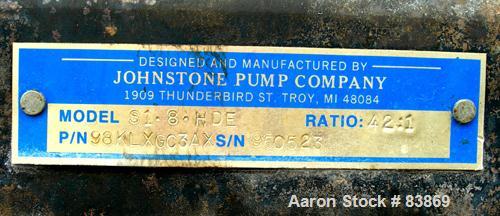 Used Johnstone Air Operated 55 Gallon Drum Unloading Pump, Model 98KLXGC3AX. 8" Air motor, ratio 42:1, 20 psi to 100 psi operating range, 12 cubic inch volume per cycle. Base mounted.