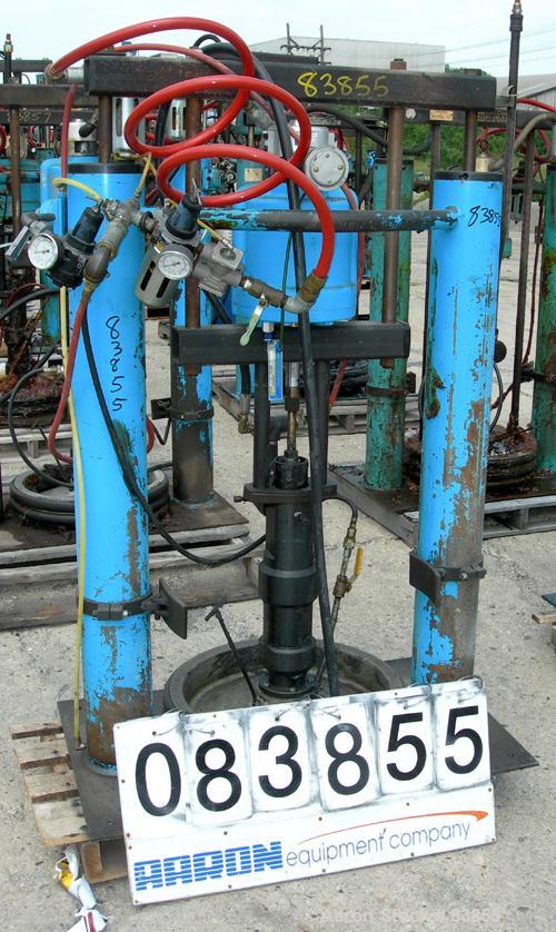 Used Johnstone Air Operated 55 Gallon Drum Unloading Pump, Model JPC 1001, Size S1-8-HDE. 8" Air motor, ratio 42:1, 20 psi to 100 psi operating range, 12 cubic inch volume per cycle. Base mounted.
