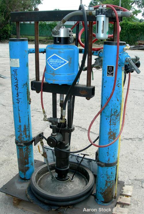 Used Johnstone Air Operated 55 Gallon Drum Unloading Pump, Model JPC 1001, Size S1-8-HDE. 8" Air motor, ratio 42:1, 20 psi to 100 psi operating range, 12 cubic inch volume per cycle. Base mounted.