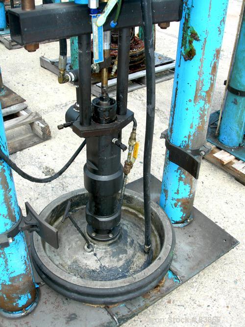 Used Johnstone Air Operated 55 Gallon Drum Unloading Pump, Model JPC 1001, Size S1-8-HDE. 8" Air motor, ratio 42:1, 20 psi to 100 psi operating range, 12 cubic inch volume per cycle. Base mounted.