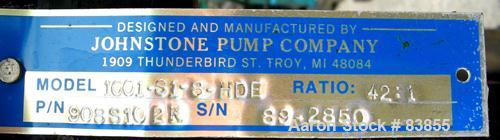Used Johnstone Air Operated 55 Gallon Drum Unloading Pump, Model JPC 1001, Size S1-8-HDE. 8" Air motor, ratio 42:1, 20 psi to 100 psi operating range, 12 cubic inch volume per cycle. Base mounted.