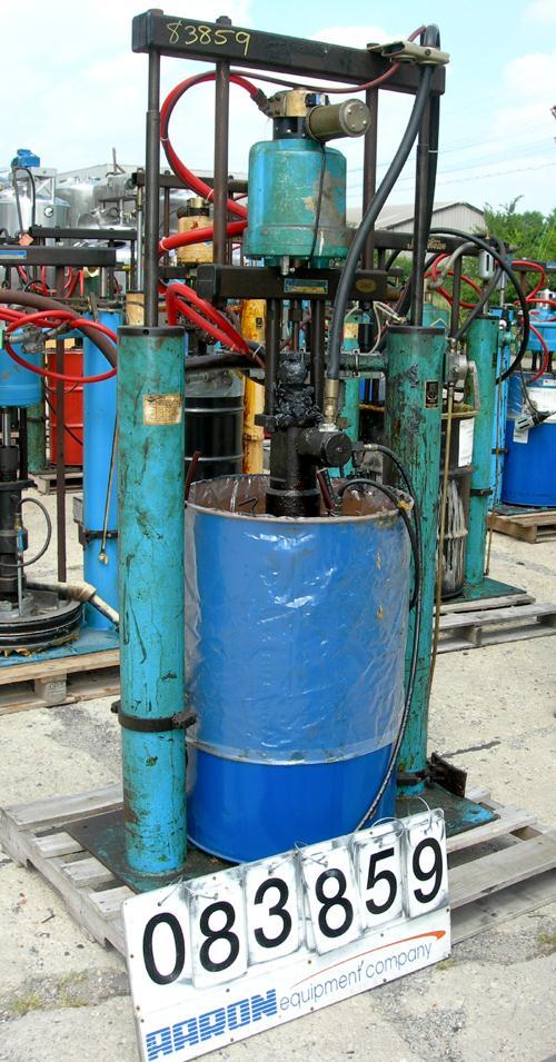 Used Johnstone Air Operated 55 Gallon Drum Unloading Pump, Model JPC 1001, Size S1-8-HDE. 8" Air motor, ratio 42:1, 20 psi to 100 psi operating range, 12 cubic inch volume per cycle. Base mounted.