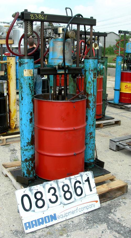 USED: Johnstone air operated 55 gallon drum unloading pump, model JPC 1001, size S1-8-HDE. 8" air motor, ratio 42:1, 20 psi to 100 psi operating range, 12 cubic inch volume per cycle. Base mounted.