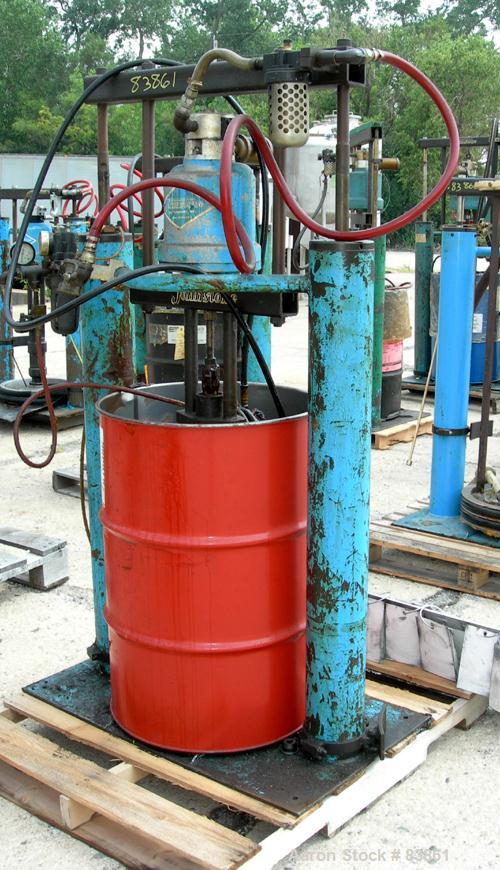 USED: Johnstone air operated 55 gallon drum unloading pump, model JPC 1001, size S1-8-HDE. 8" air motor, ratio 42:1, 20 psi to 100 psi operating range, 12 cubic inch volume per cycle. Base mounted.