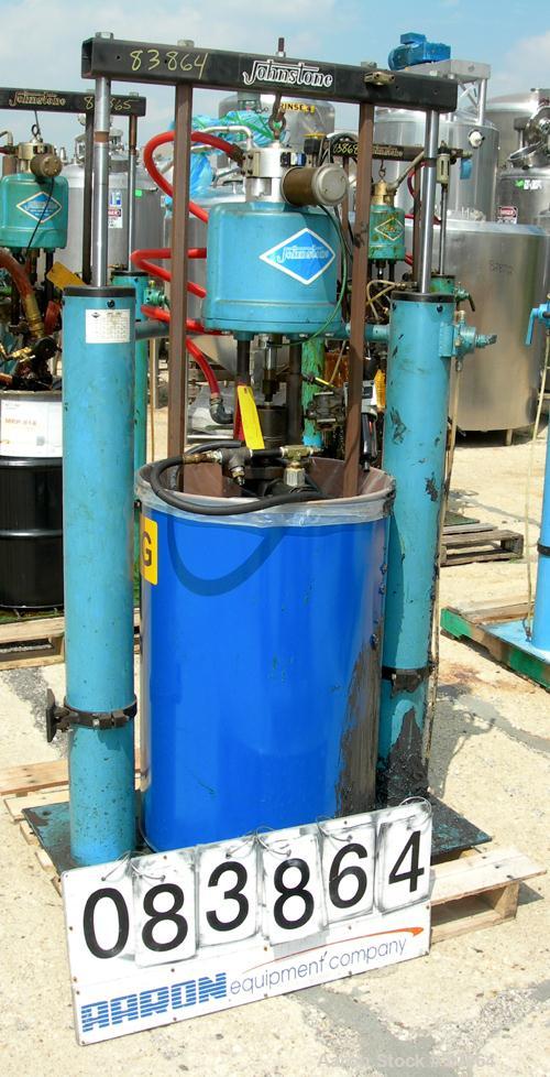 USED: Johnstone air operated 55 gallon drum unloading pump, model JPC 1001, size S1-8-HDE. 8" air motor, ratio 42:1, 20 psi to 100 psi operating range, 12 cubic inch volume per cycle. Base mounted.
