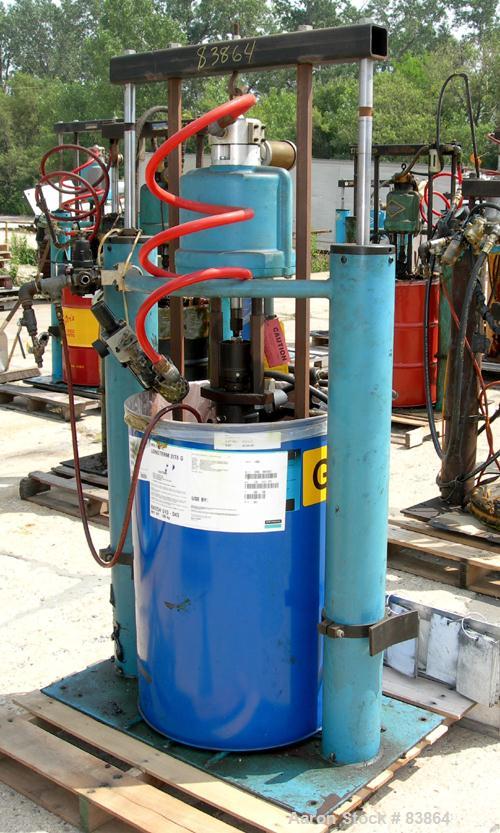 USED: Johnstone air operated 55 gallon drum unloading pump, model JPC 1001, size S1-8-HDE. 8" air motor, ratio 42:1, 20 psi to 100 psi operating range, 12 cubic inch volume per cycle. Base mounted.