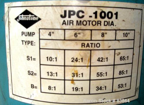 USED: Johnstone air operated 55 gallon drum unloading pump, model JPC 1001, size S1-8-HDE. 8" air motor, ratio 42:1, 20 psi to 100 psi operating range, 12 cubic inch volume per cycle. Base mounted.