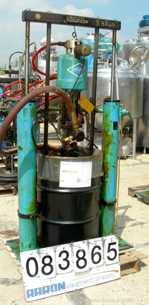 Used Johnstone Air Operated 55 Gallon Drum Unloading Pump, Model JPC 1001, Size S1-8-HDE. 8" Air motor, ratio 42:1, 20 psi to 100 psi operating range, 12 cubic inch volume per cycle. Base mounted.