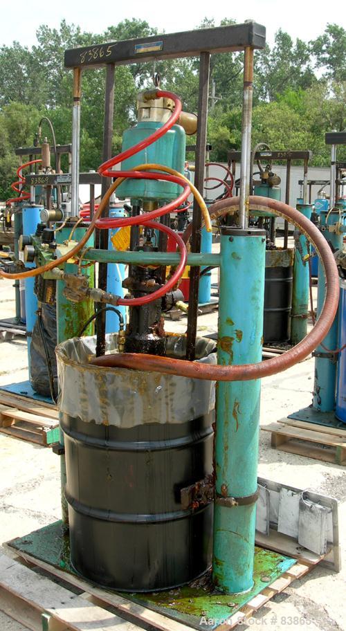 Used Johnstone Air Operated 55 Gallon Drum Unloading Pump, Model JPC 1001, Size S1-8-HDE. 8" Air motor, ratio 42:1, 20 psi to 100 psi operating range, 12 cubic inch volume per cycle. Base mounted.