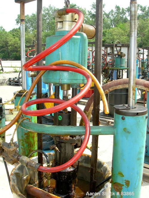 Used Johnstone Air Operated 55 Gallon Drum Unloading Pump, Model JPC 1001, Size S1-8-HDE. 8" Air motor, ratio 42:1, 20 psi to 100 psi operating range, 12 cubic inch volume per cycle. Base mounted.