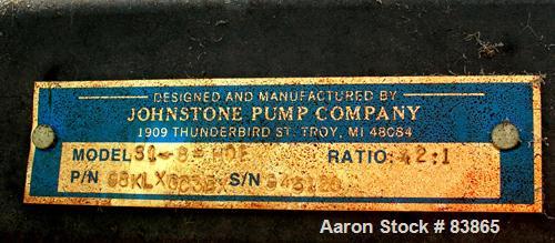 Used Johnstone Air Operated 55 Gallon Drum Unloading Pump, Model JPC 1001, Size S1-8-HDE. 8" Air motor, ratio 42:1, 20 psi to 100 psi operating range, 12 cubic inch volume per cycle. Base mounted.