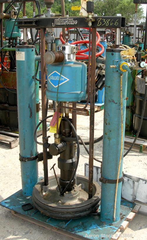 Used Johnstone Air Operated 55 Gallon Drum Unloading Pump, Model JPC 1001, Size S1-8-HDE. 8" Air motor, ratio 42:1, 20 psi to 100 psi operating range, 12 cubic inch volume per cycle. Base mounted.