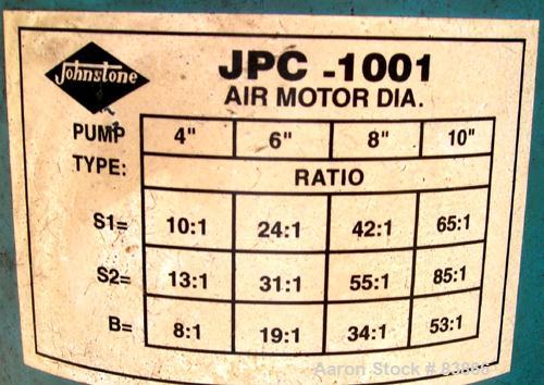 Used Johnstone Air Operated 55 Gallon Drum Unloading Pump, Model JPC 1001, Size S1-8-HDE. 8" Air motor, ratio 42:1, 20 psi to 100 psi operating range, 12 cubic inch volume per cycle. Base mounted.
