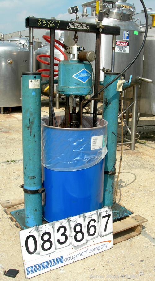 USED: Johnstone air operated 55 gallon drum unloading pump, model JPC 1001, size S1-8-HDE. 8" air motor, ratio 42:1, 20 psi to 100 psi operating range, 12 cubic inch volume per cycle. Base mounted.
