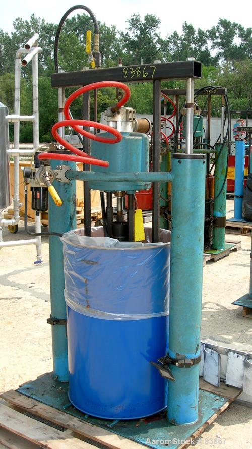 USED: Johnstone air operated 55 gallon drum unloading pump, model JPC 1001, size S1-8-HDE. 8" air motor, ratio 42:1, 20 psi to 100 psi operating range, 12 cubic inch volume per cycle. Base mounted.