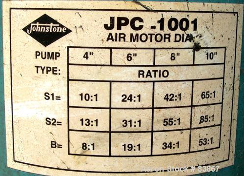USED: Johnstone air operated 55 gallon drum unloading pump, model JPC 1001, size S1-8-HDE. 8" air motor, ratio 42:1, 20 psi to 100 psi operating range, 12 cubic inch volume per cycle. Base mounted.