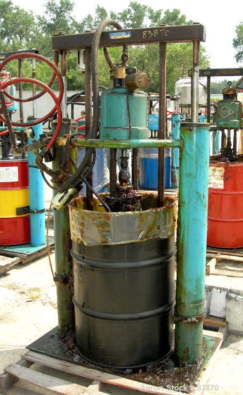 Used Johnstone Air Operated 55 Gallon Drum Unloading Pump, Model JPC 1001, Size S1-8-HDE. 8" Air motor, ratio 42:1, 20 psi to 100 psi operating range, 12 cubic inch volume per cycle. Base mounted.