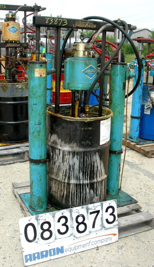 Used Johnstone Air Operated 55 Gallon Drum Unloading Pump, Model JPC 1001, Size S1-10-HDE. 10" Air motor, ratio 65:1, 20 psi to 100 psi operating range, 12 cubic inch volume per cycle. Base mounted.
