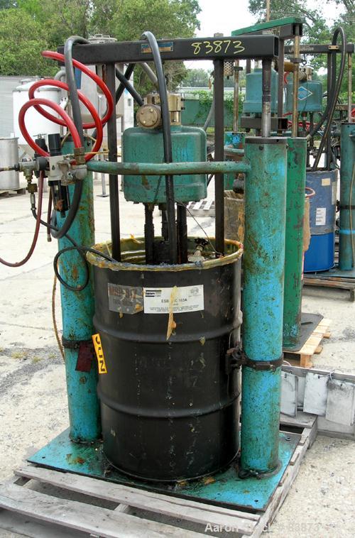 Used Johnstone Air Operated 55 Gallon Drum Unloading Pump, Model JPC 1001, Size S1-10-HDE. 10" Air motor, ratio 65:1, 20 psi to 100 psi operating range, 12 cubic inch volume per cycle. Base mounted.