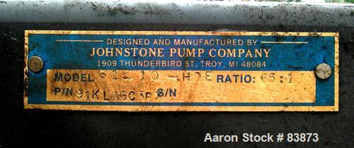 Used Johnstone Air Operated 55 Gallon Drum Unloading Pump, Model JPC 1001, Size S1-10-HDE. 10" Air motor, ratio 65:1, 20 psi to 100 psi operating range, 12 cubic inch volume per cycle. Base mounted.