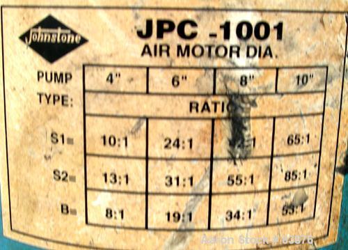 USED: Johnstone air operated 55 gallon drum unloading pump, model JPC 1001. 8" air motor, ratio 42:1, 20 psi to 100 psi operating range, 12 cubic inches volume per cycle. Base mounted.