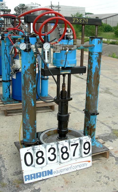 Used Johnstone Air Operated 55 Gallon Drum Unloading Pump, Model JPC 1001, Size S1-8-HDE. 8" Air motor, ratio 42:1, 20 psi to 100 psi operating range, 12 cubic inch volume per cycle. Base mounted.