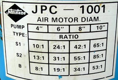 Used Johnstone Air Operated 55 Gallon Drum Unloading Pump, Model JPC 1001, Size S1-8-HDE. 8" Air motor, ratio 42:1, 20 psi to 100 psi operating range, 12 cubic inch volume per cycle. Base mounted.