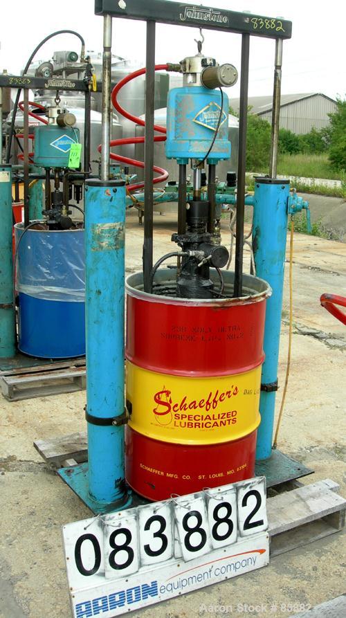 USED: Johnstone air operated 55 gallon drum unloading pump, model JPC 1001, size S1-8-HDE. 8" air motor, ratio 42:1, 20 psi to 100 psi operating range, 12 cubic inch volume per cycle. Base mounted.