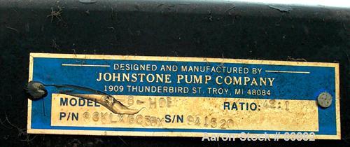 USED: Johnstone air operated 55 gallon drum unloading pump, model JPC 1001, size S1-8-HDE. 8" air motor, ratio 42:1, 20 psi to 100 psi operating range, 12 cubic inch volume per cycle. Base mounted.