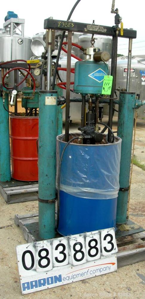 USED: Johnstone air operated 55 gallon drum unloading pump, model JPC 1001. 8" air motor, ratio 42:1, 20 psi to 100 psi operating range, 12 cubic inch volume per cycle. Base mounted.